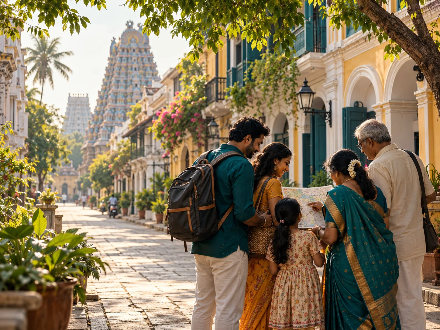 A family planning a journey together on a heritage street in Tamil Nadu